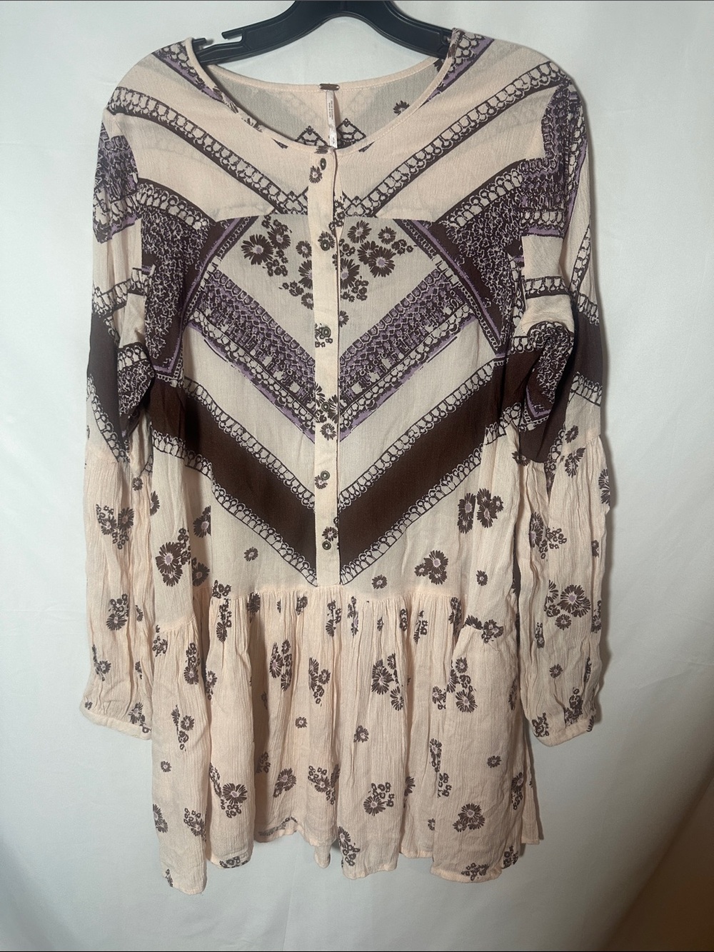 Free People Cream Tunic/dress with Brown and Purple Geometric Print